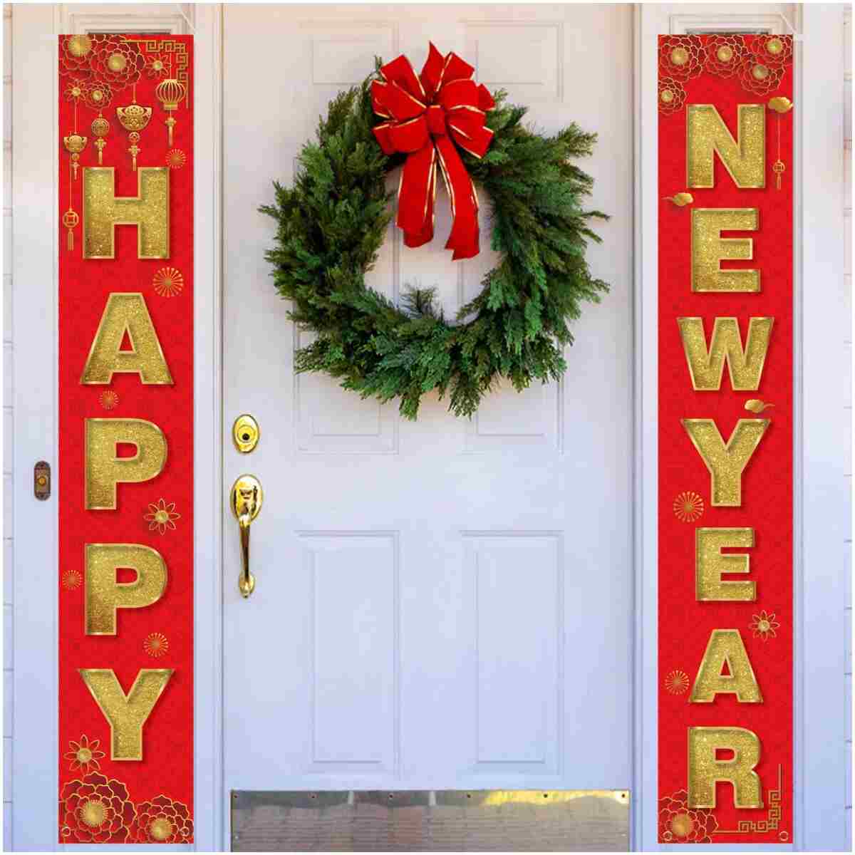 2pcs Happy New Year Porch Sign, Chinese Spring Couplets 2025 New Years Eve Banners Chinese New Year Banner Chinese Lunar New Year Decorations for Home Yard Porch Indoor Outdoor