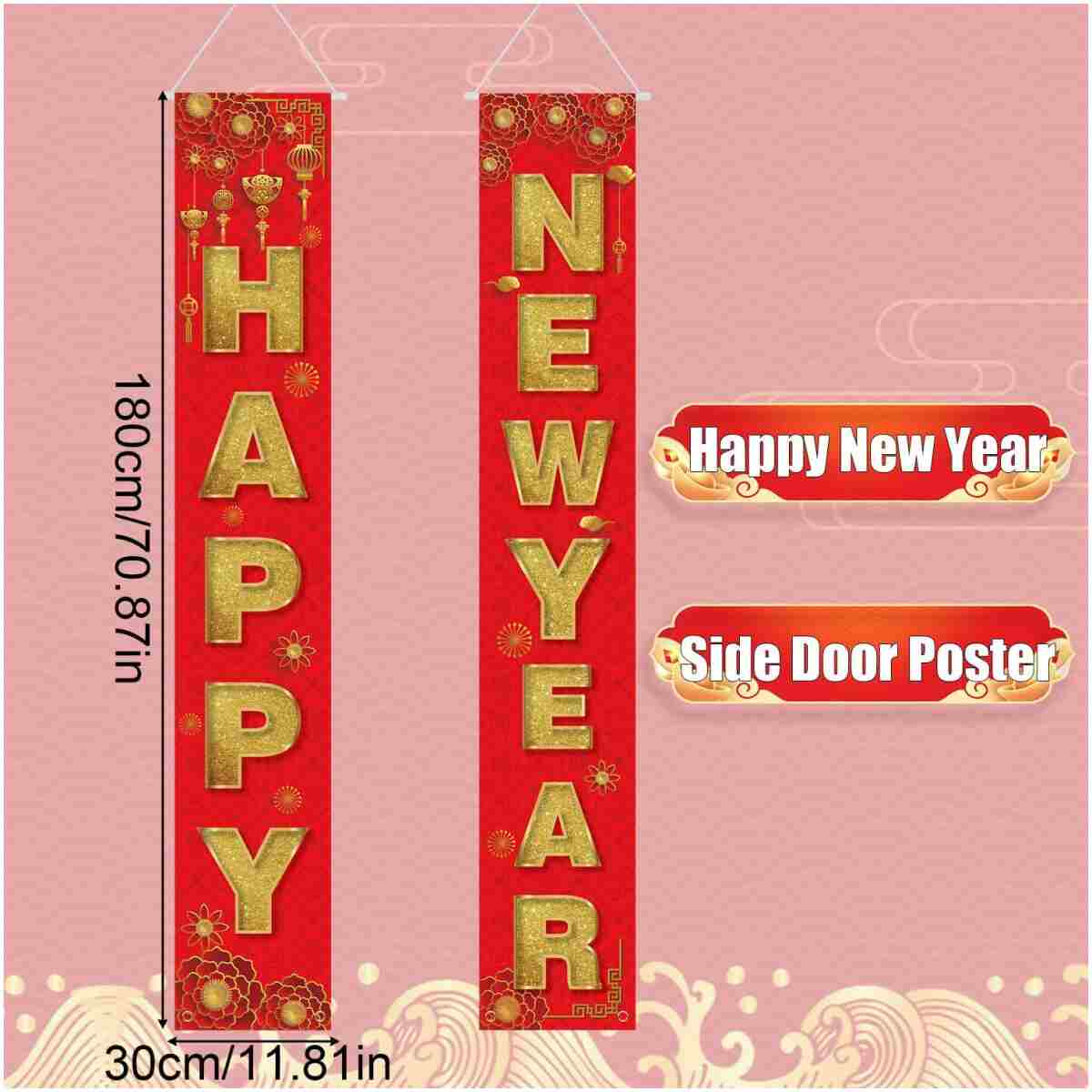 2pcs Happy New Year Porch Sign, Chinese Spring Couplets 2025 New Years Eve Banners Chinese New Year Banner Chinese Lunar New Year Decorations for Home Yard Porch Indoor Outdoor