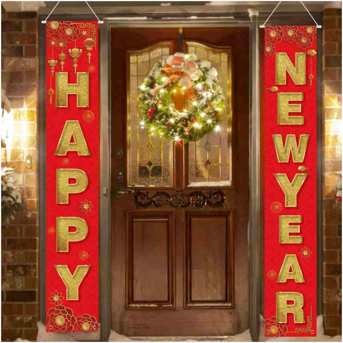 2pcs Happy New Year Porch Sign, Chinese Spring Couplets 2025 New Years Eve Banners Chinese New Year Banner Chinese Lunar New Year Decorations for Home Yard Porch Indoor Outdoor