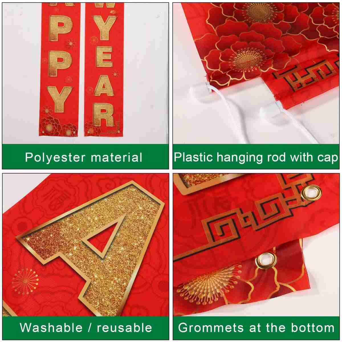 2pcs Happy New Year Porch Sign, Chinese Spring Couplets 2025 New Years Eve Banners Chinese New Year Banner Chinese Lunar New Year Decorations for Home Yard Porch Indoor Outdoor