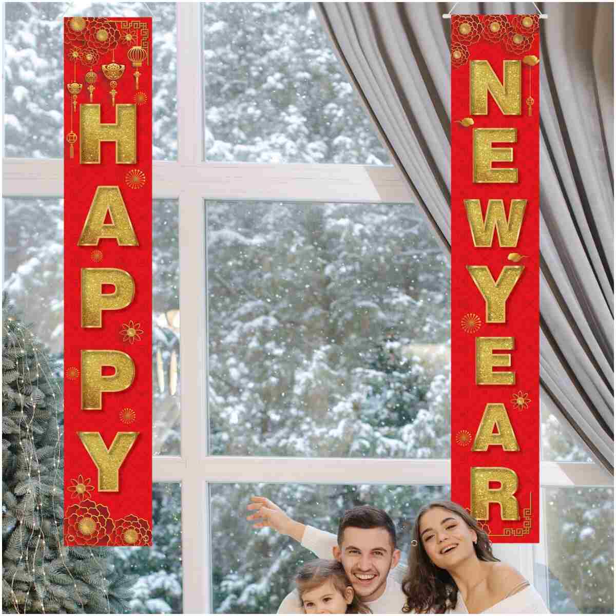 2pcs Happy New Year Porch Sign, Chinese Spring Couplets 2025 New Years Eve Banners Chinese New Year Banner Chinese Lunar New Year Decorations for Home Yard Porch Indoor Outdoor