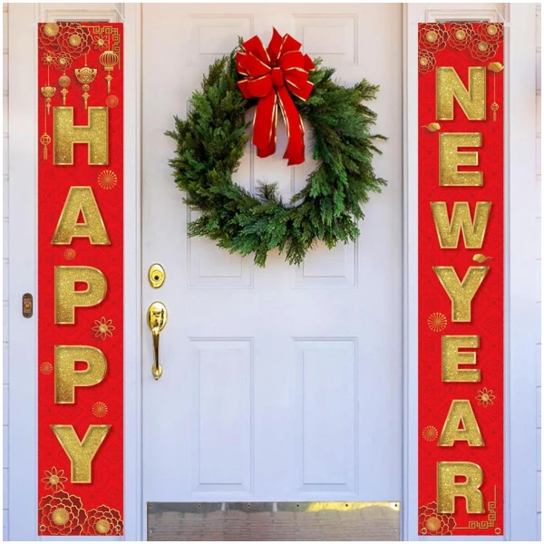 2pcs Happy New Year Porch Sign, Chinese Spring Couplets 2025 New Years Eve Banners Chinese New Year Banner Chinese Lunar New Year Decorations for Home Yard Porch Indoor Outdoor