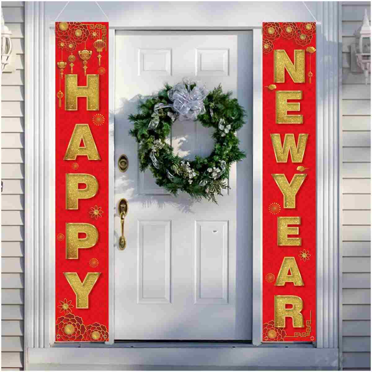 2pcs Happy New Year Porch Sign, Chinese Spring Couplets 2025 New Years Eve Banners Chinese New Year Banner Chinese Lunar New Year Decorations for Home Yard Porch Indoor Outdoor