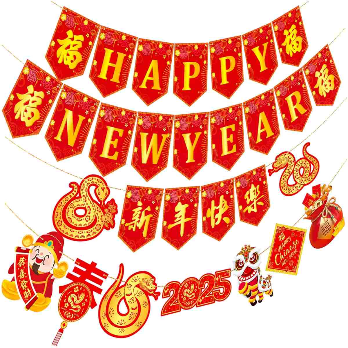 4pcs Happy Chinese New Year Banners Lunar New Year Banners Spring Festival Party Decorations for 2025 Chinese New Year Party Supplies Year of the Snake Hanging Decoration