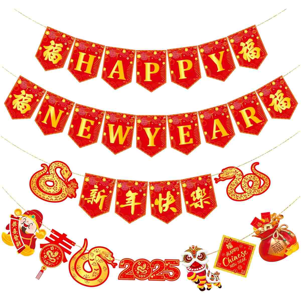 4pcs Happy Chinese New Year Banners Lunar New Year Banners Spring Festival Party Decorations for 2025 Chinese New Year Party Supplies Year of the Snake Hanging Decoration