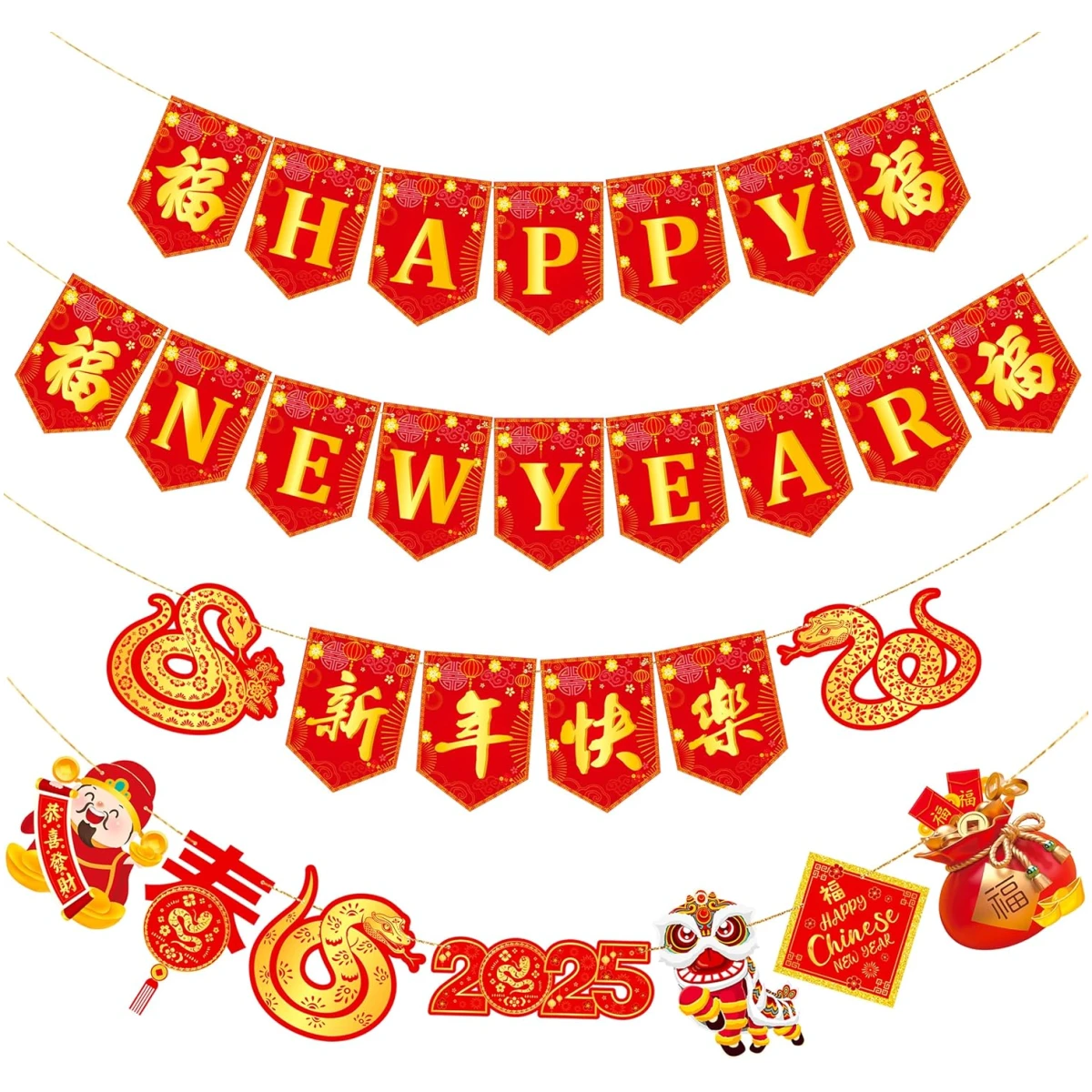 4pcs Happy Chinese New Year Banners Lunar New Year Banners Spring Festival Party Decorations for 2025 Chinese New Year Party Supplies Year of the Snake Hanging Decoration