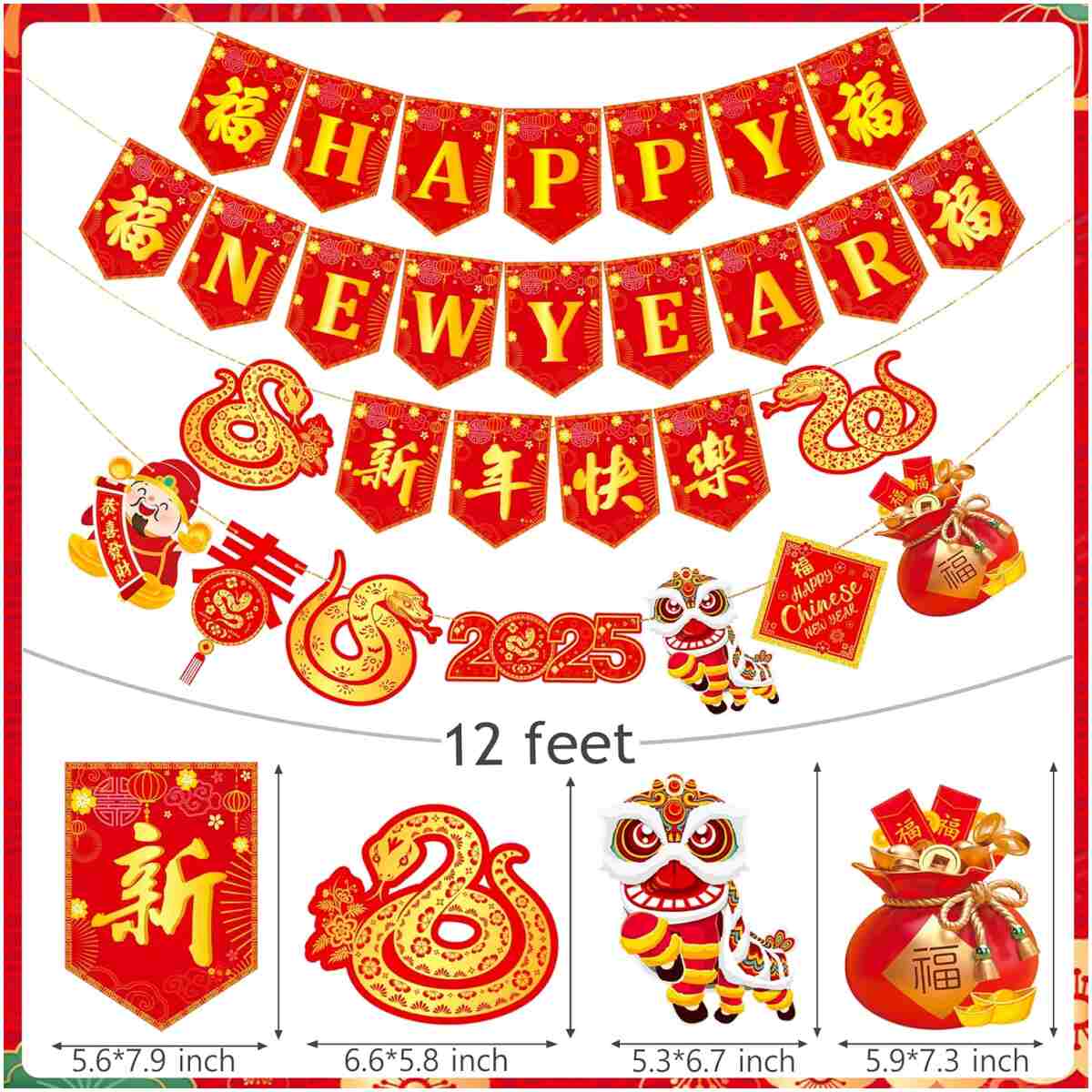 4pcs Happy Chinese New Year Banners Lunar New Year Banners Spring Festival Party Decorations for 2025 Chinese New Year Party Supplies Year of the Snake Hanging Decoration
