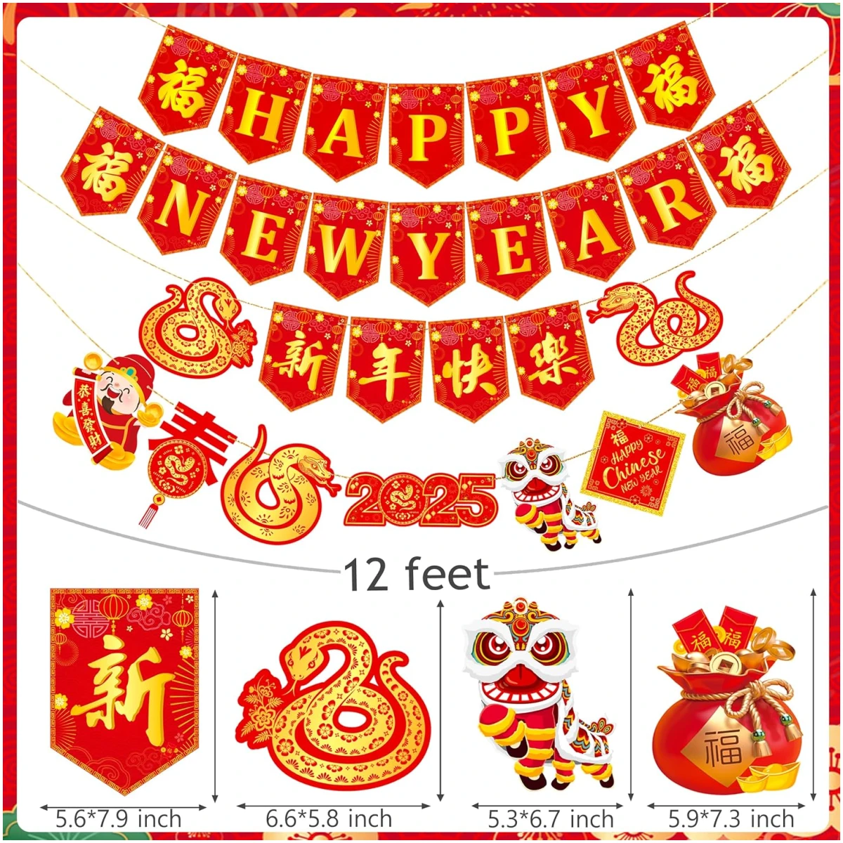4pcs Happy Chinese New Year Banners Lunar New Year Banners Spring Festival Party Decorations for 2025 Chinese New Year Party Supplies Year of the Snake Hanging Decoration