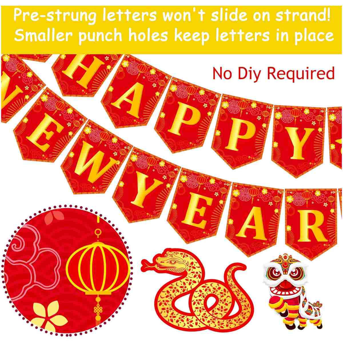 4pcs Happy Chinese New Year Banners Lunar New Year Banners Spring Festival Party Decorations for 2025 Chinese New Year Party Supplies Year of the Snake Hanging Decoration