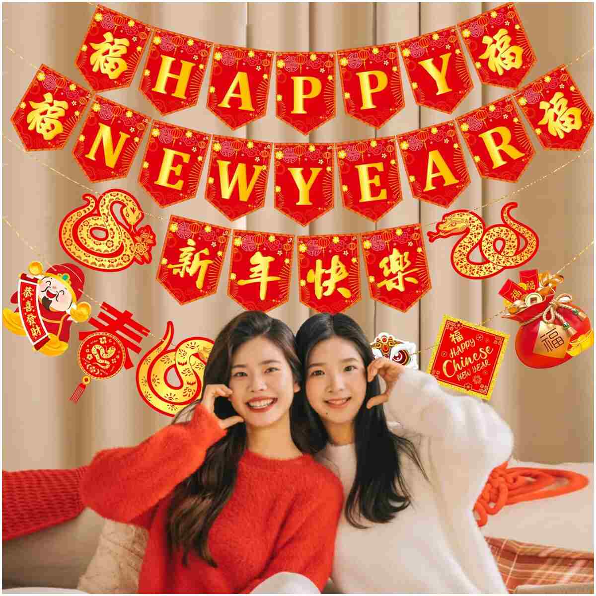 4pcs Happy Chinese New Year Banners Lunar New Year Banners Spring Festival Party Decorations for 2025 Chinese New Year Party Supplies Year of the Snake Hanging Decoration