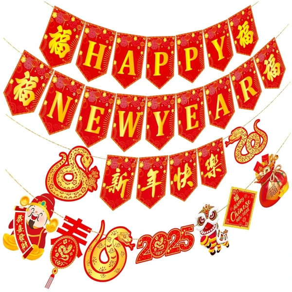 4pcs Happy Chinese New Year Banners Lunar New Year Banners Spring Festival Party Decorations for 2025 Chinese New Year Party Supplies Year of the Snake Hanging Decoration