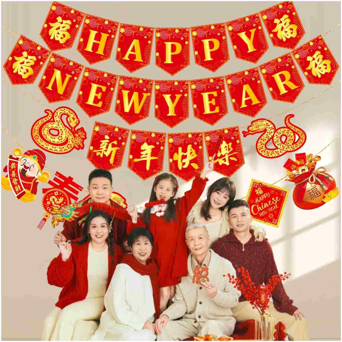 4pcs Happy Chinese New Year Banners Lunar New Year Banners Spring Festival Party Decorations for 2025 Chinese New Year Party Supplies Year of the Snake Hanging Decoration
