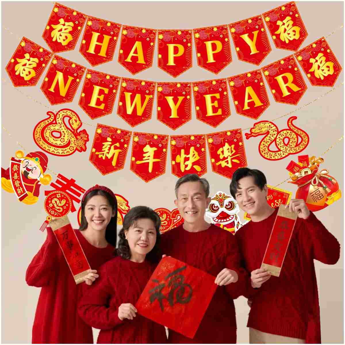 4pcs Happy Chinese New Year Banners Lunar New Year Banners Spring Festival Party Decorations for 2025 Chinese New Year Party Supplies Year of the Snake Hanging Decoration