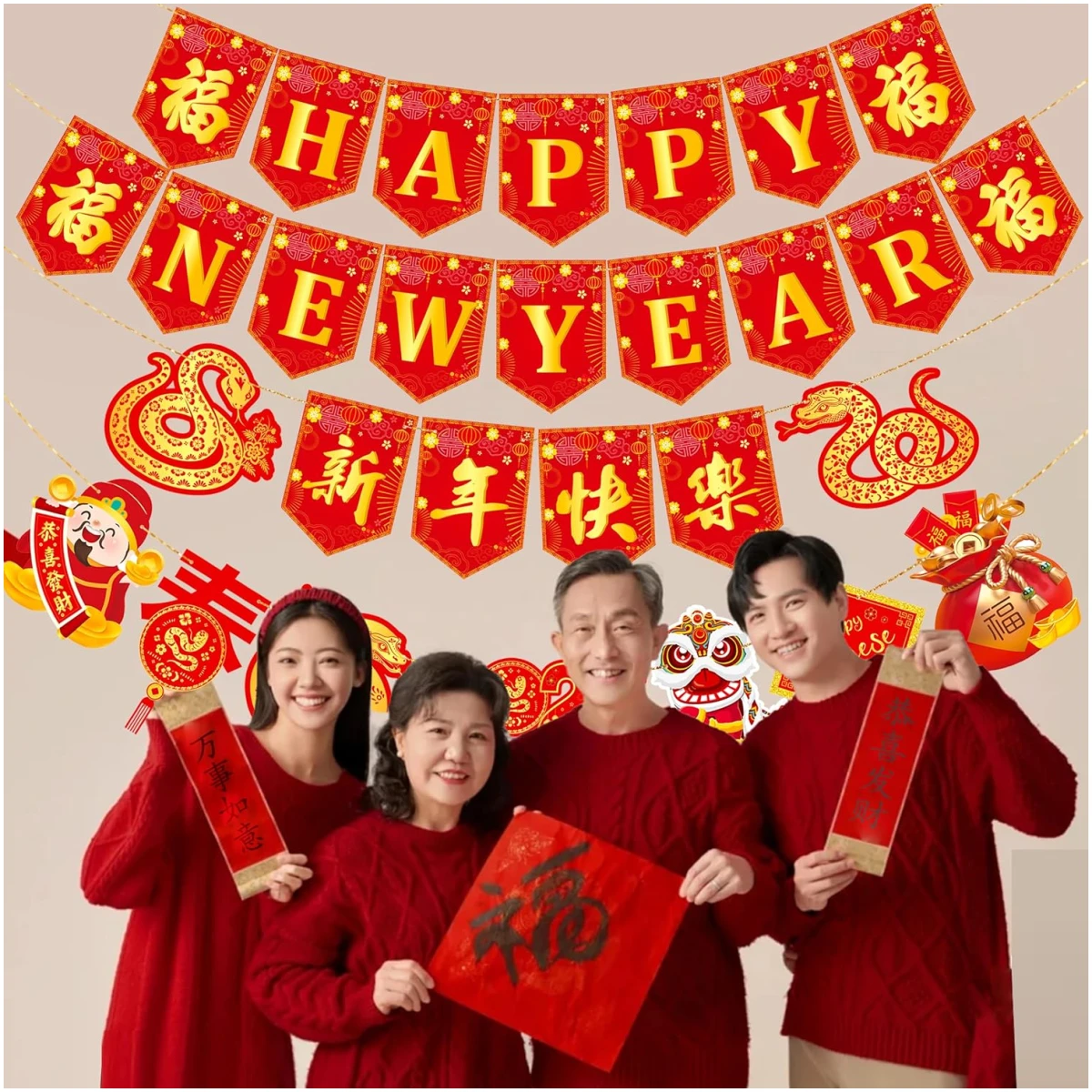 4pcs Happy Chinese New Year Banners Lunar New Year Banners Spring Festival Party Decorations for 2025 Chinese New Year Party Supplies Year of the Snake Hanging Decoration
