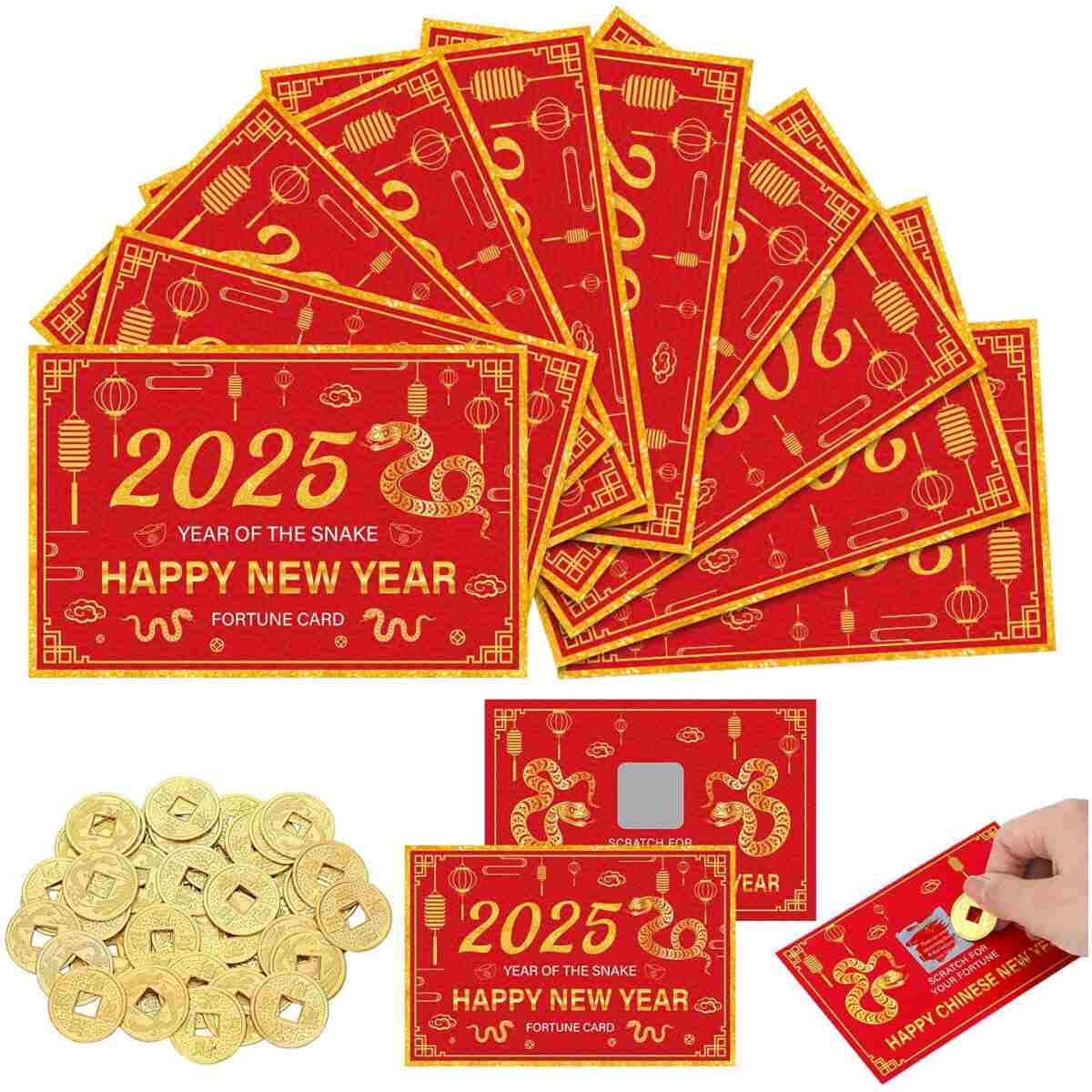 50 Counts Chinese New Year 2025 Scratch off Fortune Cards with 50 Fortune Coins 2025 Year of the Snake Party Games Spring Festival Party Supplies for Lunar New Year Presents...
