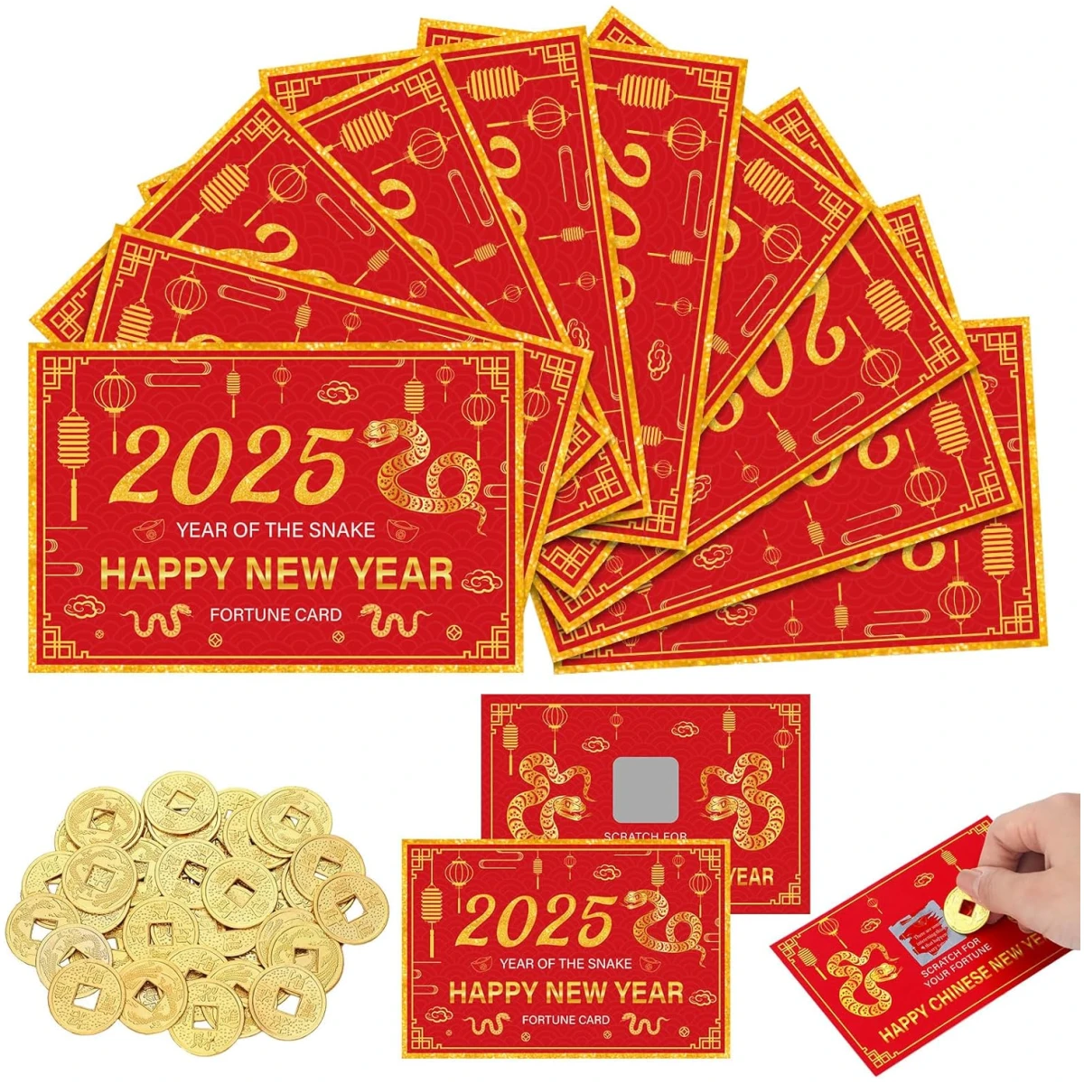 50 Counts Chinese New Year 2025 Scratch off Fortune Cards with 50 Fortune Coins 2025 Year of the Snake Party Games Spring Festival Party Supplies for Lunar New Year Presents...