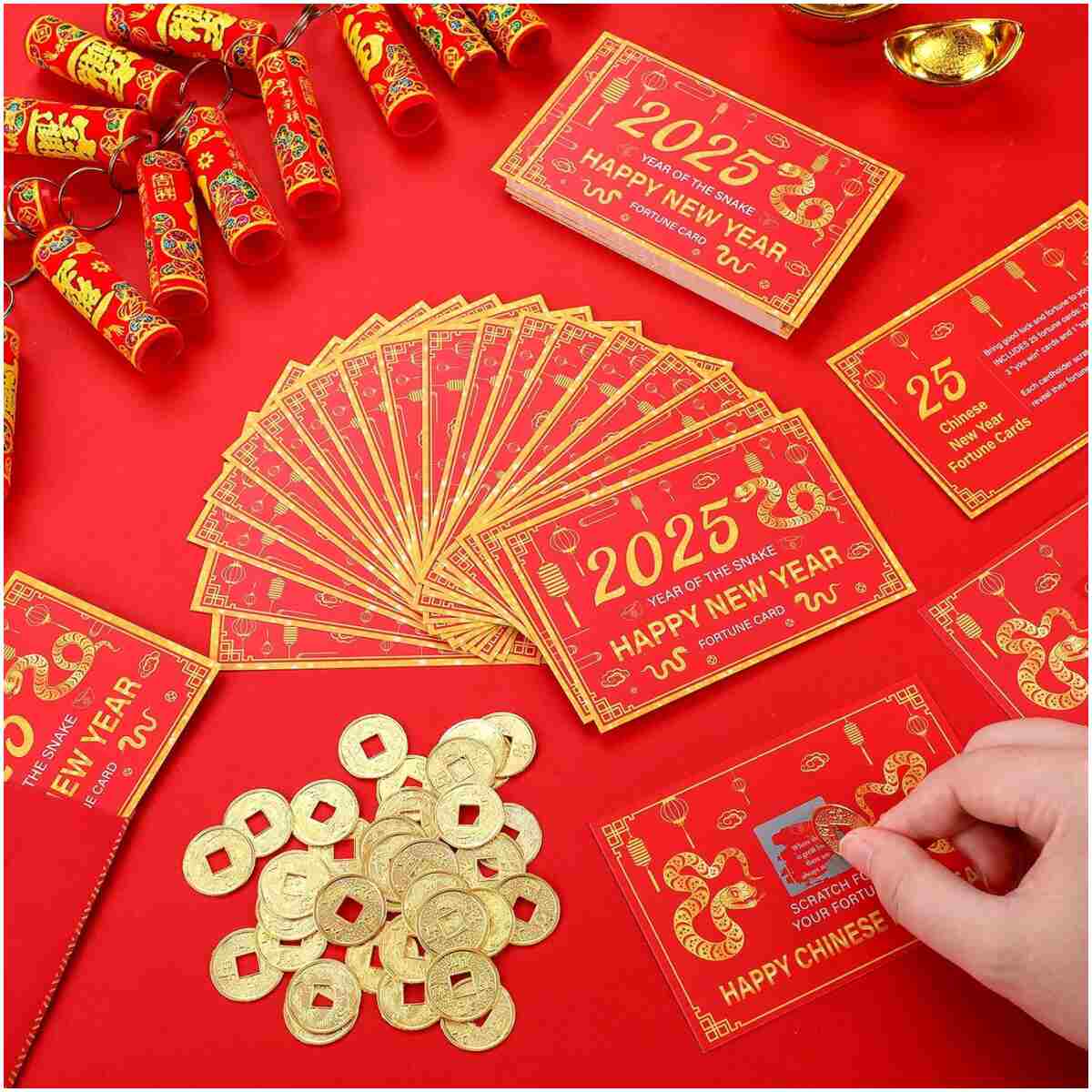 50 Counts Chinese New Year 2025 Scratch off Fortune Cards with 50 Fortune Coins 2025 Year of the Snake Party Games Spring Festival Party Supplies for Lunar New Year Presents...