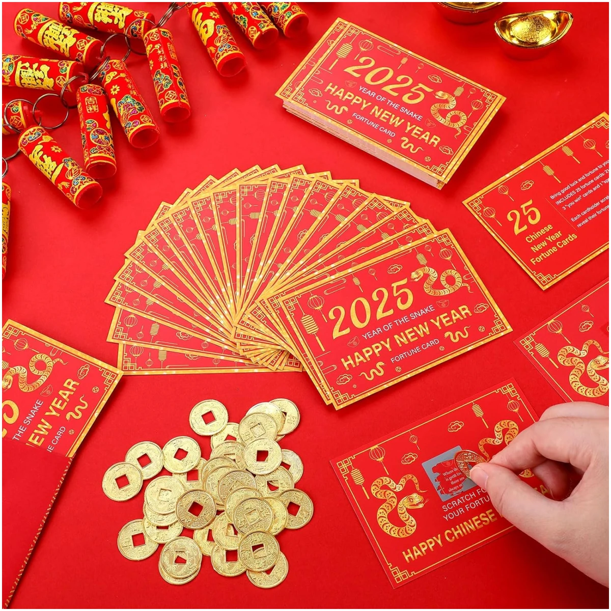 50 Counts Chinese New Year 2025 Scratch off Fortune Cards with 50 Fortune Coins 2025 Year of the Snake Party Games Spring Festival Party Supplies for Lunar New Year Presents...