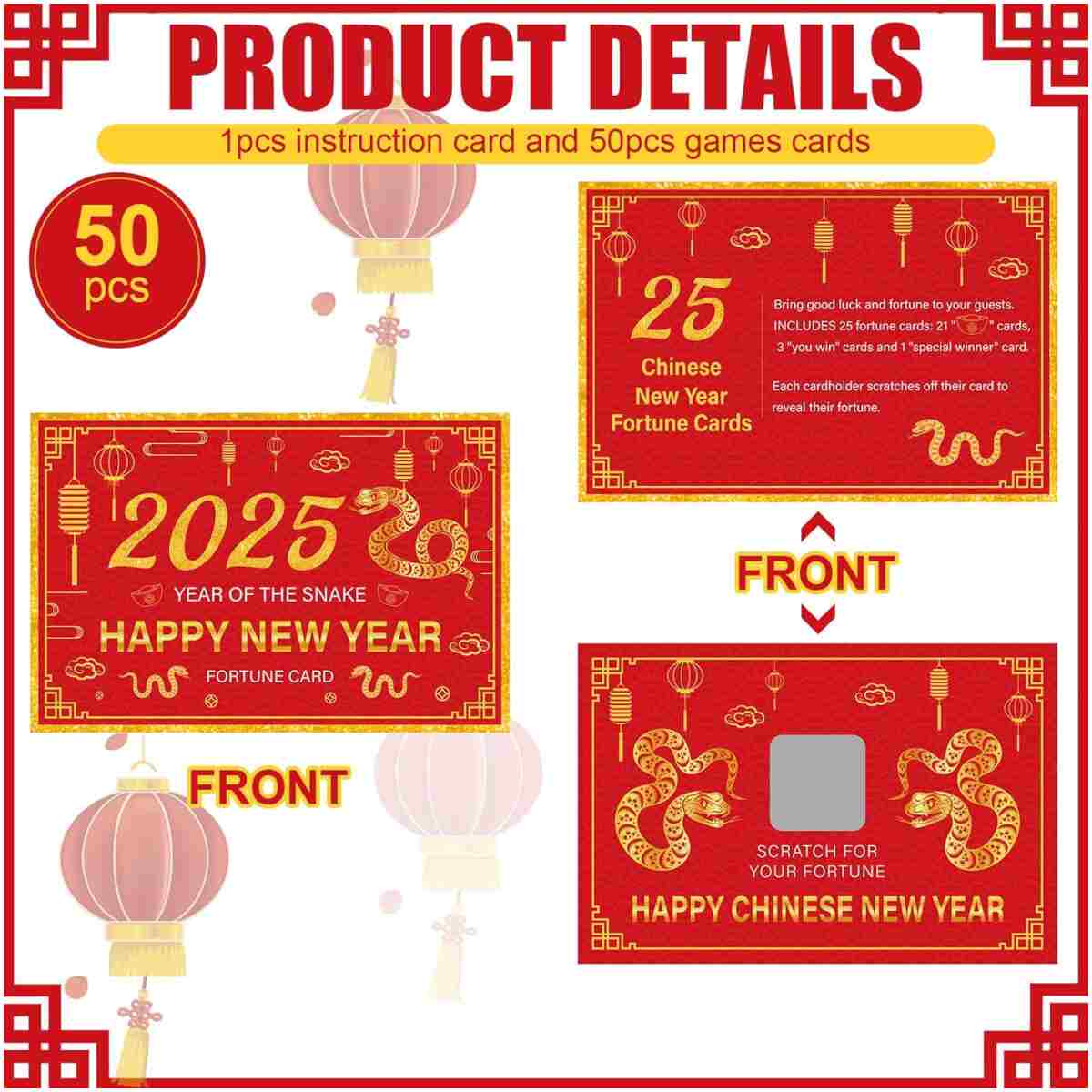 50 Counts Chinese New Year 2025 Scratch off Fortune Cards with 50 Fortune Coins 2025 Year of the Snake Party Games Spring Festival Party Supplies for Lunar New Year Presents...
