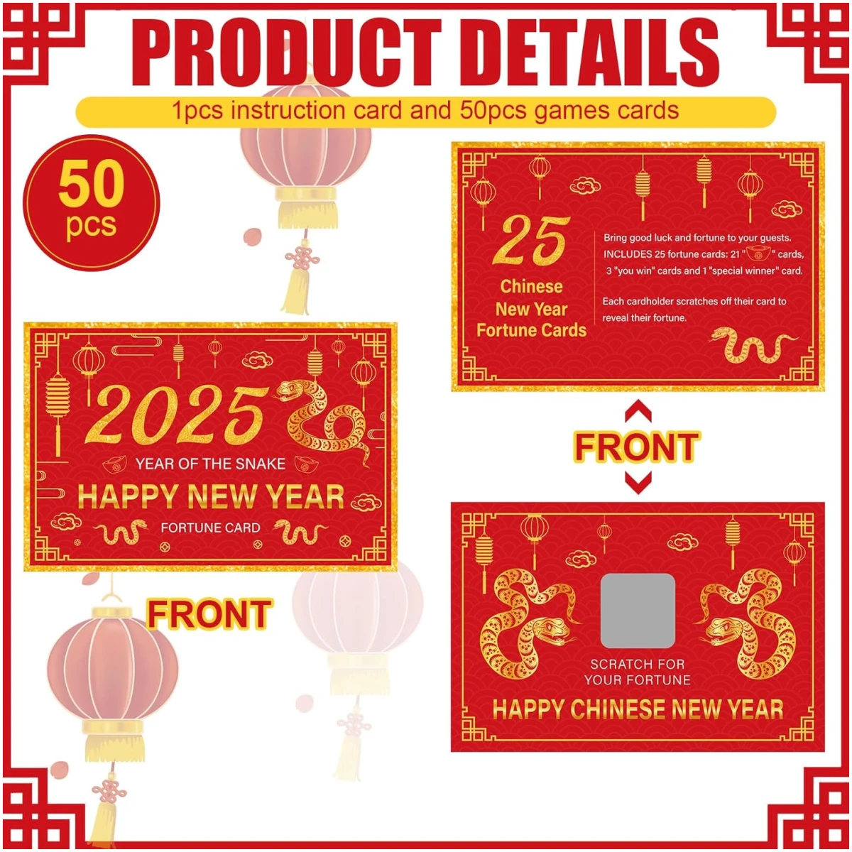 50 Counts Chinese New Year 2025 Scratch off Fortune Cards with 50 Fortune Coins 2025 Year of the Snake Party Games Spring Festival Party Supplies for Lunar New Year Presents...