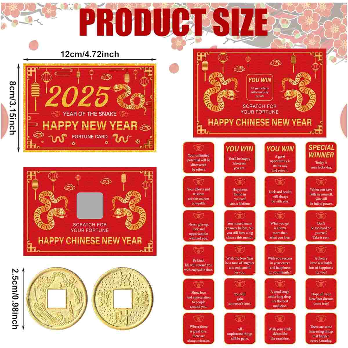 50 Counts Chinese New Year 2025 Scratch off Fortune Cards with 50 Fortune Coins 2025 Year of the Snake Party Games Spring Festival Party Supplies for Lunar New Year Presents...