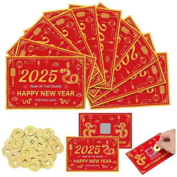 50 Counts Chinese New Year 2025 Scratch off Fortune Cards with 50 Fortune Coins 2025 Year of the Snake Party Games Spring Festival Party Supplies for Lunar New Year Presents...