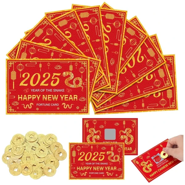 50 Counts Chinese New Year 2025 Scratch off Fortune Cards with 50 Fortune Coins 2025 Year of the Snake Party Games Spring Festival Party Supplies for Lunar New Year Presents...