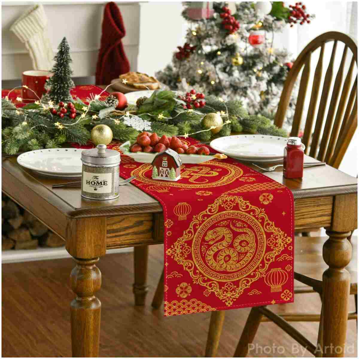 Artoid Mode Red and Golden Chinese Zodiac Snake Happy 2025 Lunar New Year Table Runner, Spring Festival Winter Kitchen Dining Table Decoration for Home Party 13x60 Inch