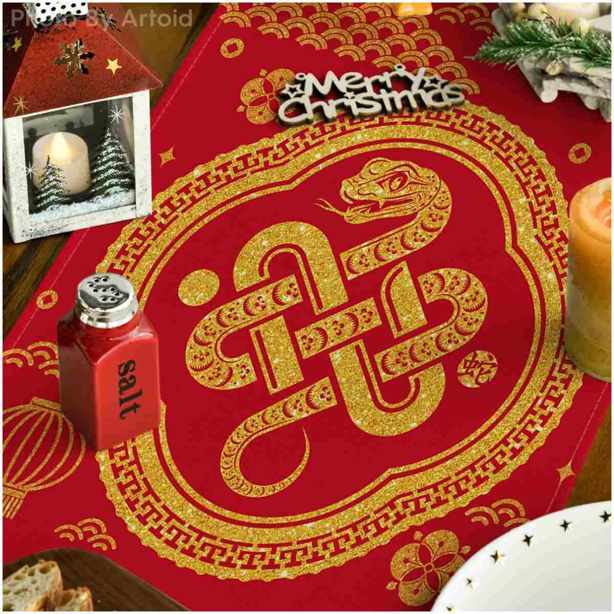 Artoid Mode Red and Golden Chinese Zodiac Snake Happy 2025 Lunar New Year Table Runner, Spring Festival Winter Kitchen Dining Table Decoration for Home Party 13x60 Inch