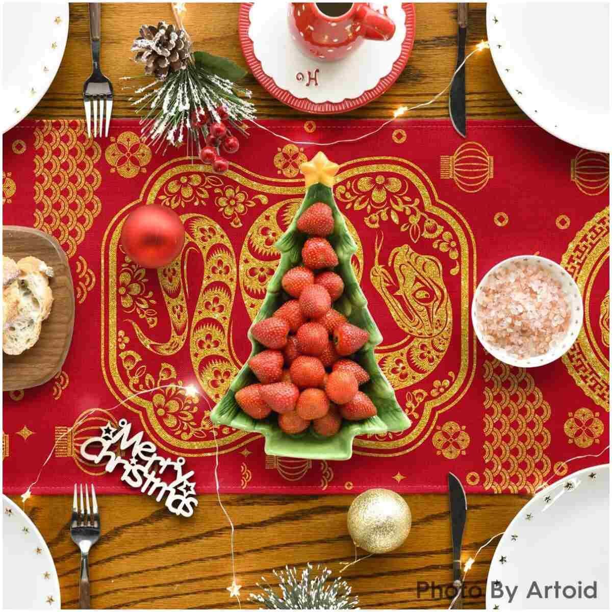 Artoid Mode Red and Golden Chinese Zodiac Snake Happy 2025 Lunar New Year Table Runner, Spring Festival Winter Kitchen Dining Table Decoration for Home Party 13x60 Inch