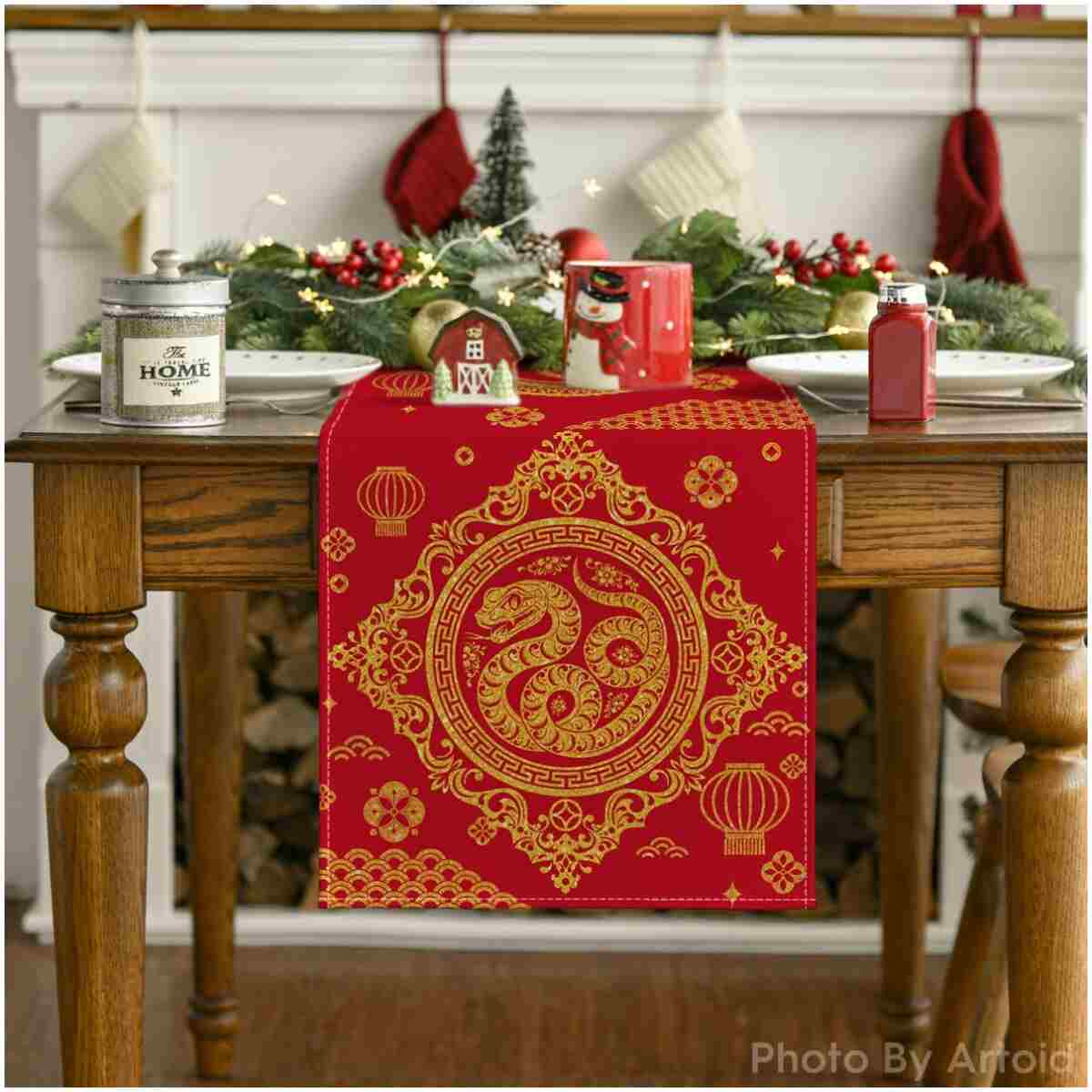 Artoid Mode Red and Golden Chinese Zodiac Snake Happy 2025 Lunar New Year Table Runner, Spring Festival Winter Kitchen Dining Table Decoration for Home Party 13x60 Inch