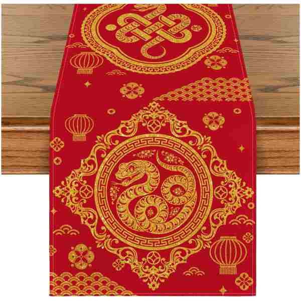 Artoid Mode Red and Golden Chinese Zodiac Snake Happy 2025 Lunar New Year Table Runner, Spring Festival Winter Kitchen Dining Table Decoration for Home Party 13x60 Inch