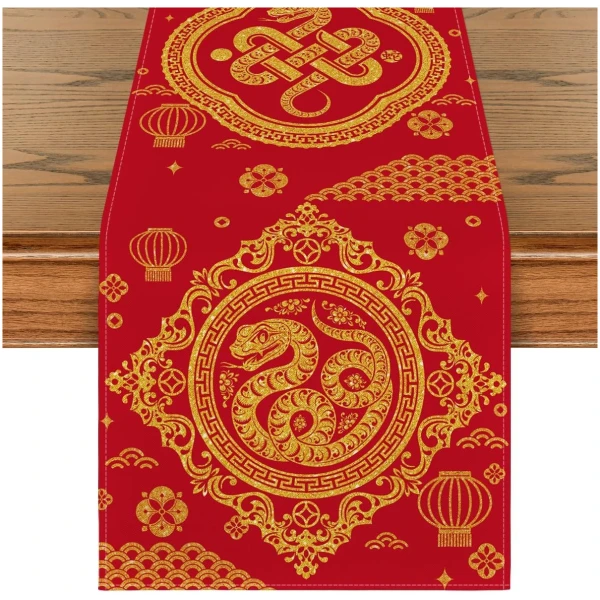 Artoid Mode Red and Golden Chinese Zodiac Snake Happy 2025 Lunar New Year Table Runner, Spring Festival Winter Kitchen Dining Table Decoration for Home Party 13x60 Inch
