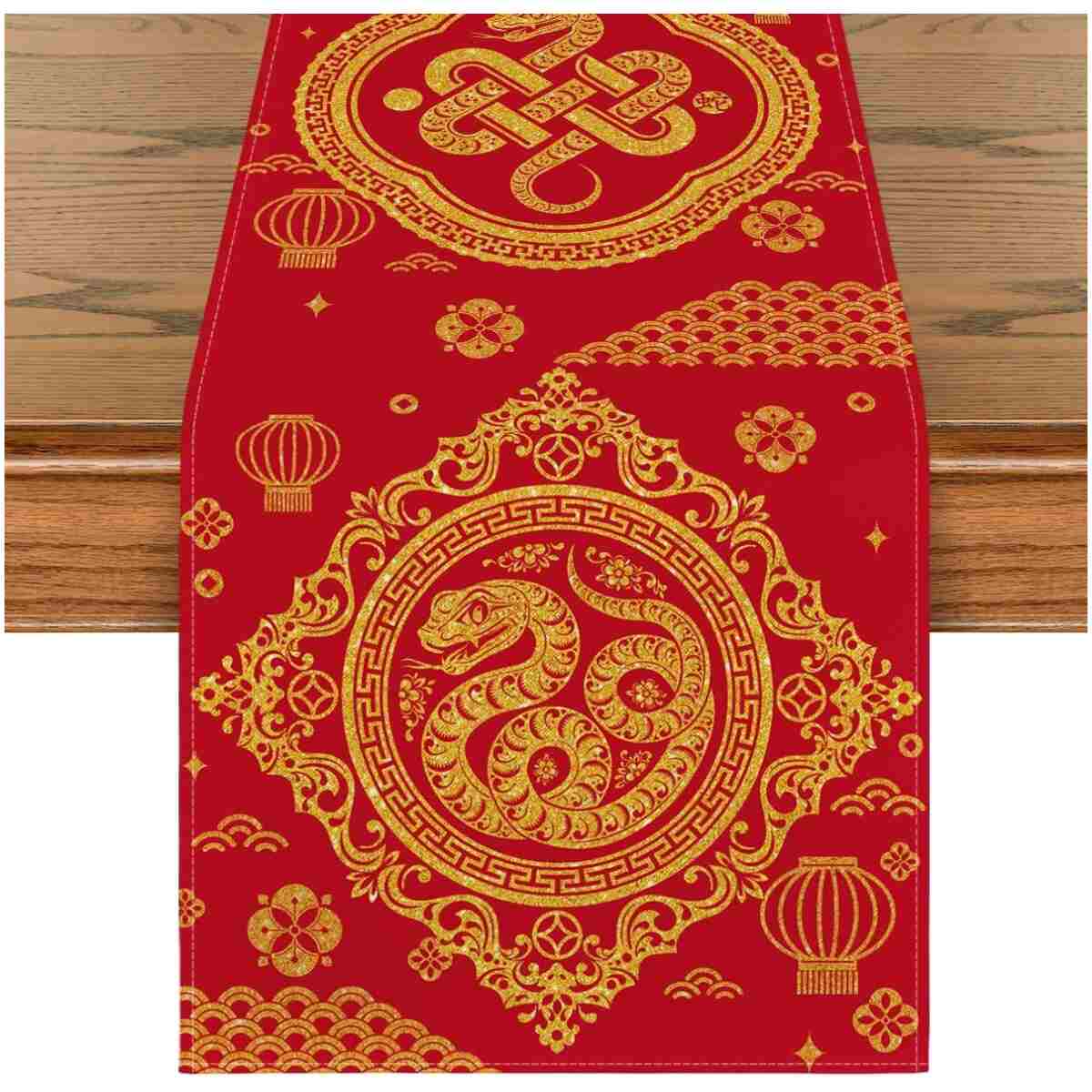 Artoid Mode Red and Golden Chinese Zodiac Snake Happy 2025 Lunar New Year Table Runner, Spring Festival Winter Kitchen Dining Table Decoration for Home Party 13x60 Inch