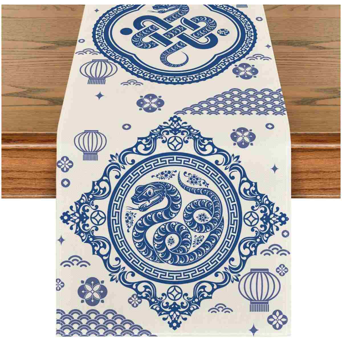 Artoid Mode Red and Golden Chinese Zodiac Snake Happy 2025 Lunar New Year Table Runner, Spring Festival Winter Kitchen Dining Table Decoration for Home Party 13x60 Inch