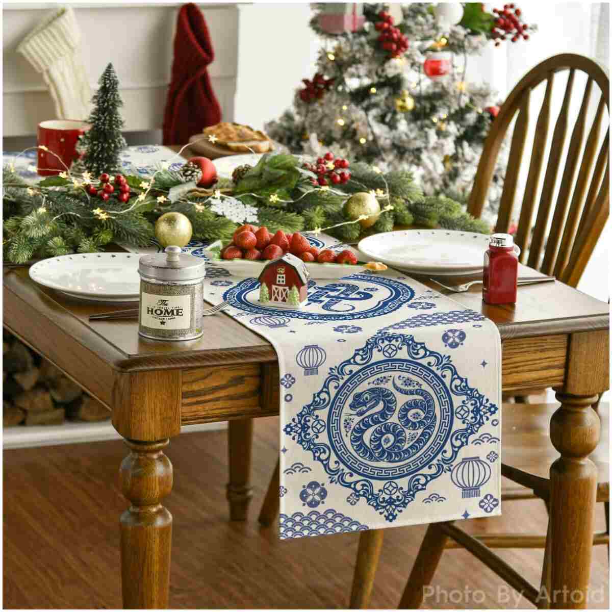 Artoid Mode Red and Golden Chinese Zodiac Snake Happy 2025 Lunar New Year Table Runner, Spring Festival Winter Kitchen Dining Table Decoration for Home Party 13x60 Inch