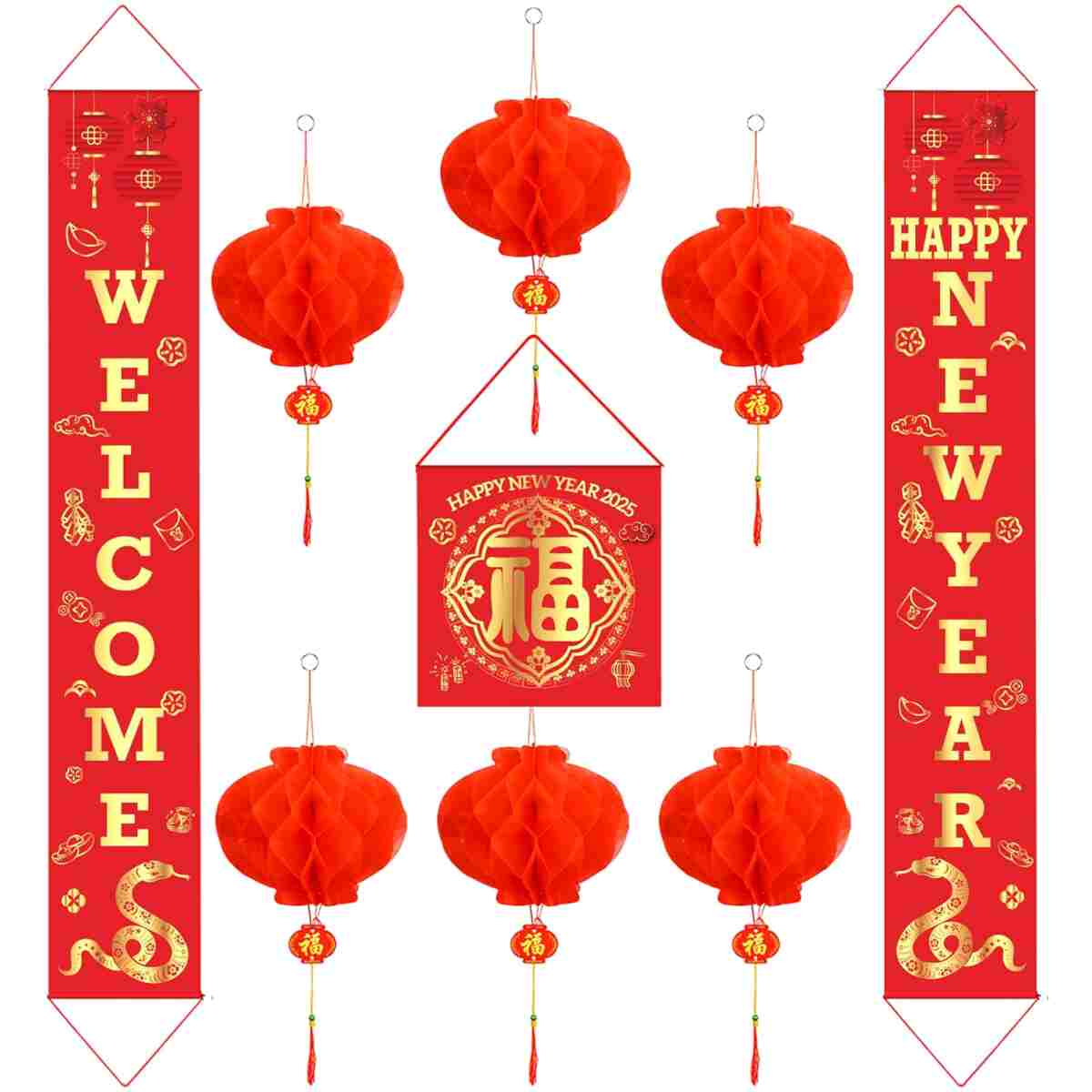 Auihiay Chinese New Year Decorations 2025, Lunar New Year Couplets Chunlian Set, Spring Festival Party Decor with Fu Character and Red Lanterns for Spring Festival Decorations