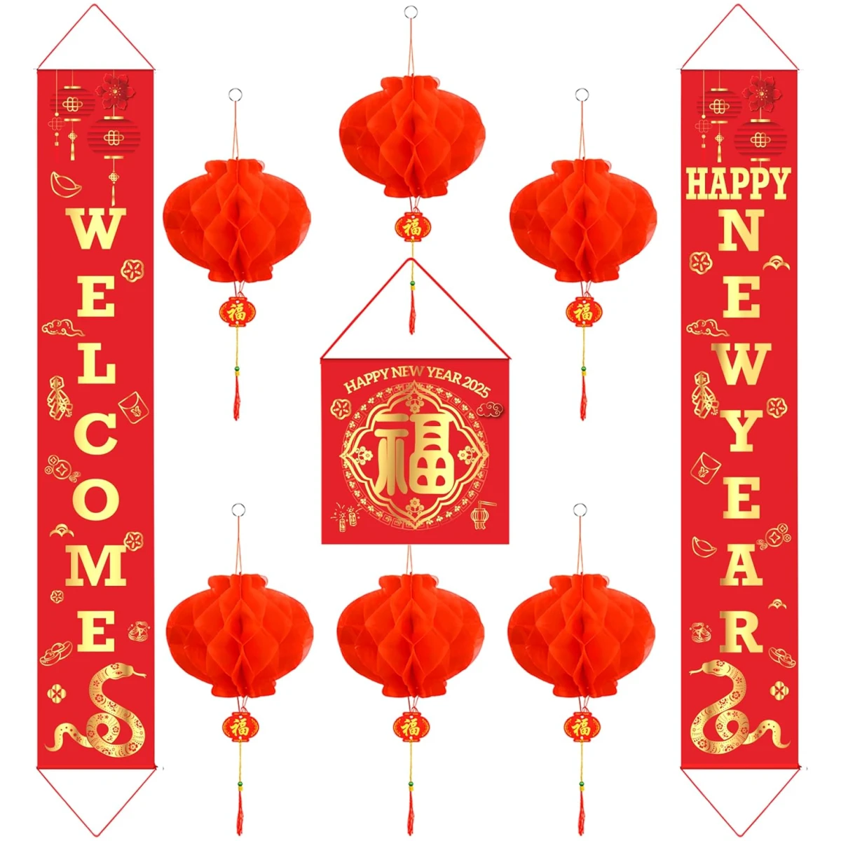 Auihiay Chinese New Year Decorations 2025, Lunar New Year Couplets Chunlian Set, Spring Festival Party Decor with Fu Character and Red Lanterns for Spring Festival Decorations