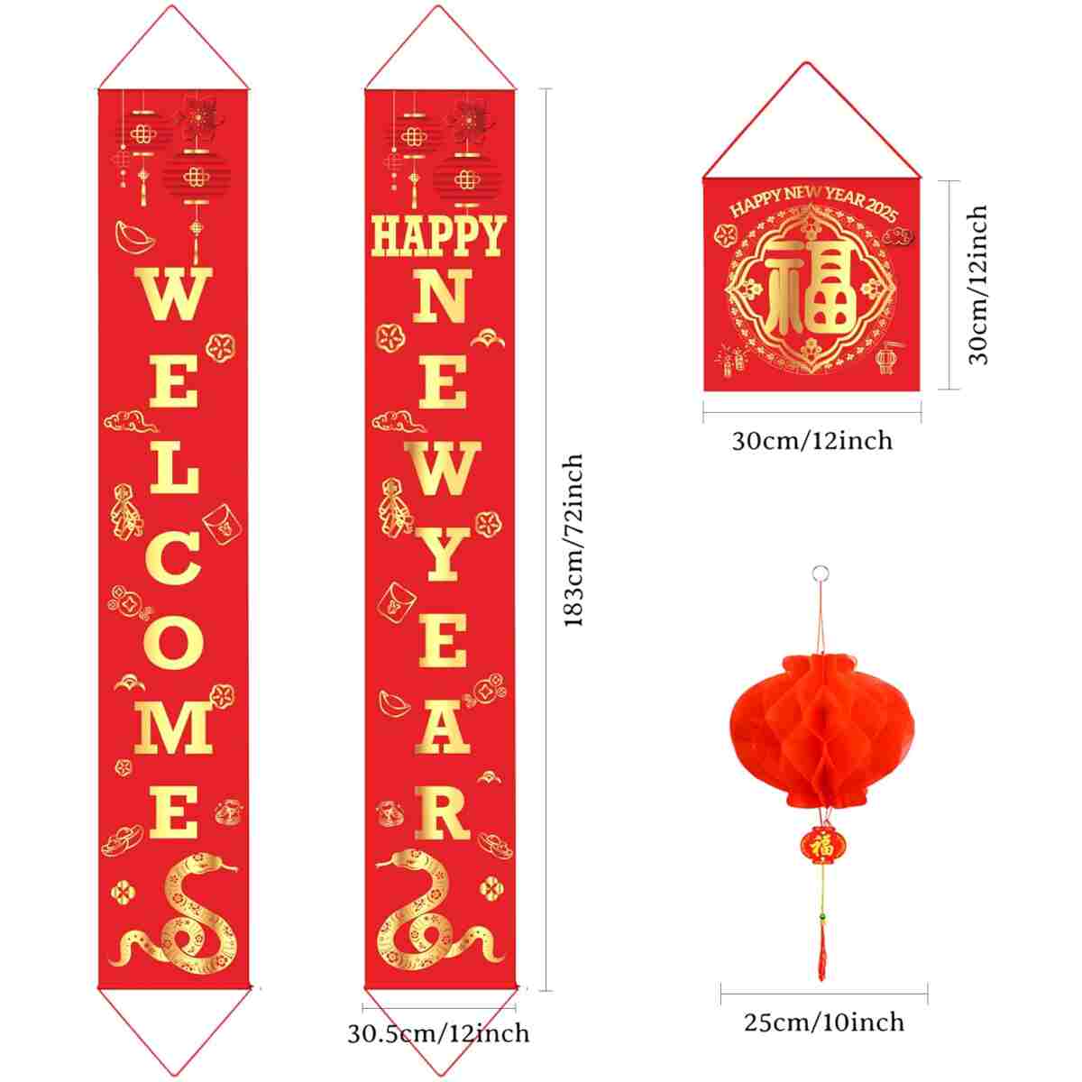 Auihiay Chinese New Year Decorations 2025, Lunar New Year Couplets Chunlian Set, Spring Festival Party Decor with Fu Character and Red Lanterns for Spring Festival Decorations