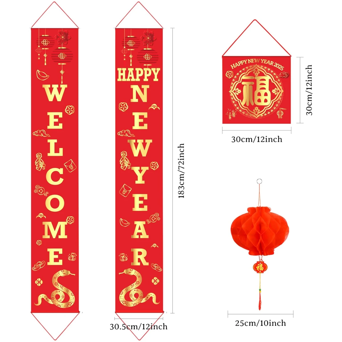Auihiay Chinese New Year Decorations 2025, Lunar New Year Couplets Chunlian Set, Spring Festival Party Decor with Fu Character and Red Lanterns for Spring Festival Decorations