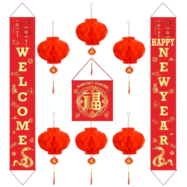 Auihiay Chinese New Year Decorations 2025, Lunar New Year Couplets Chunlian Set, Spring Festival Party Decor with Fu Character and Red Lanterns for Spring Festival Decorations