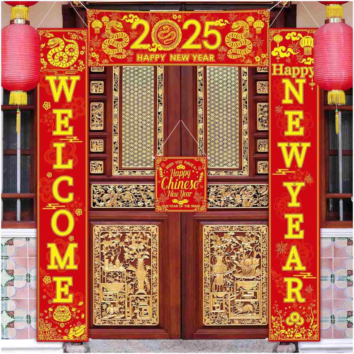 Blulu 4 Pcs Chinese New Year Decorations 2025 Lunar New Year Banner Year of the Snake Porch Sign Welcome Happy New Year Hanging Decoration for Indoor Outdoor Spring Festival...