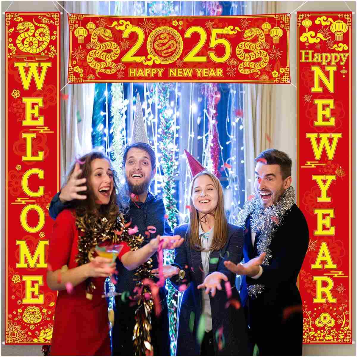 Blulu 4 Pcs Chinese New Year Decorations 2025 Lunar New Year Banner Year of the Snake Porch Sign Welcome Happy New Year Hanging Decoration for Indoor Outdoor Spring Festival...