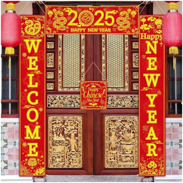 Blulu 4 Pcs Chinese New Year Decorations 2025 Lunar New Year Banner Year of the Snake Porch Sign Welcome Happy New Year Hanging Decoration for Indoor Outdoor Spring Festival...