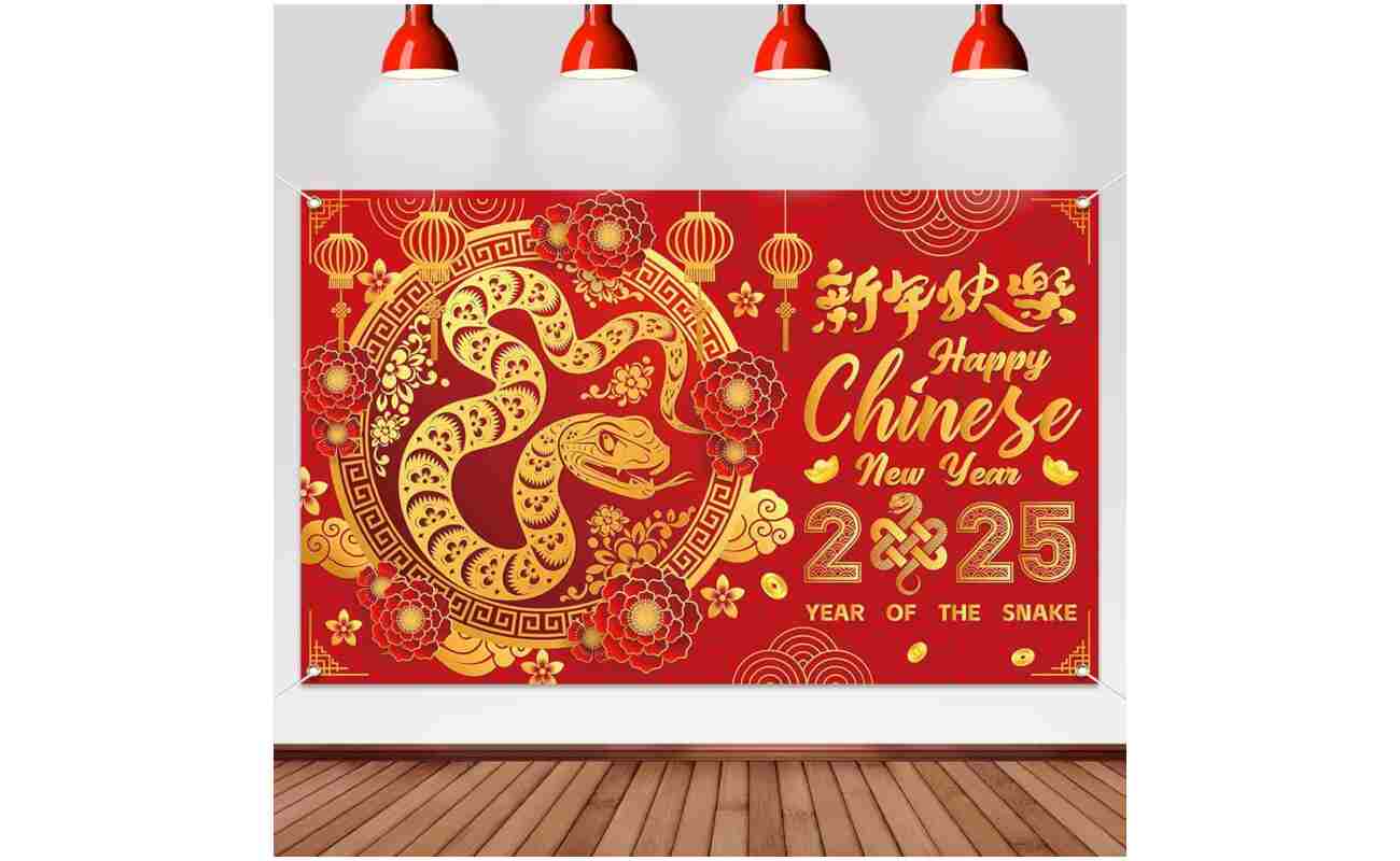 Chinese New Year Banner Backdrop Decorations 2025, Lunar New Year Backdrop Decorations 2025, Snake Chinese New Year Banner for Spring Festival Decorations 2025