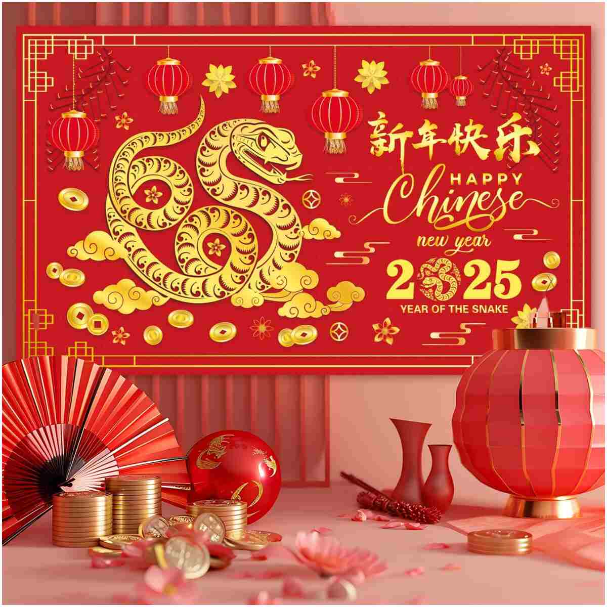 Chinese New Year Banner Backdrop Decorations 2025, Lunar New Year Backdrop Decorations 2025, Snake Chinese New Year Banner for Spring Festival Decorations 2025