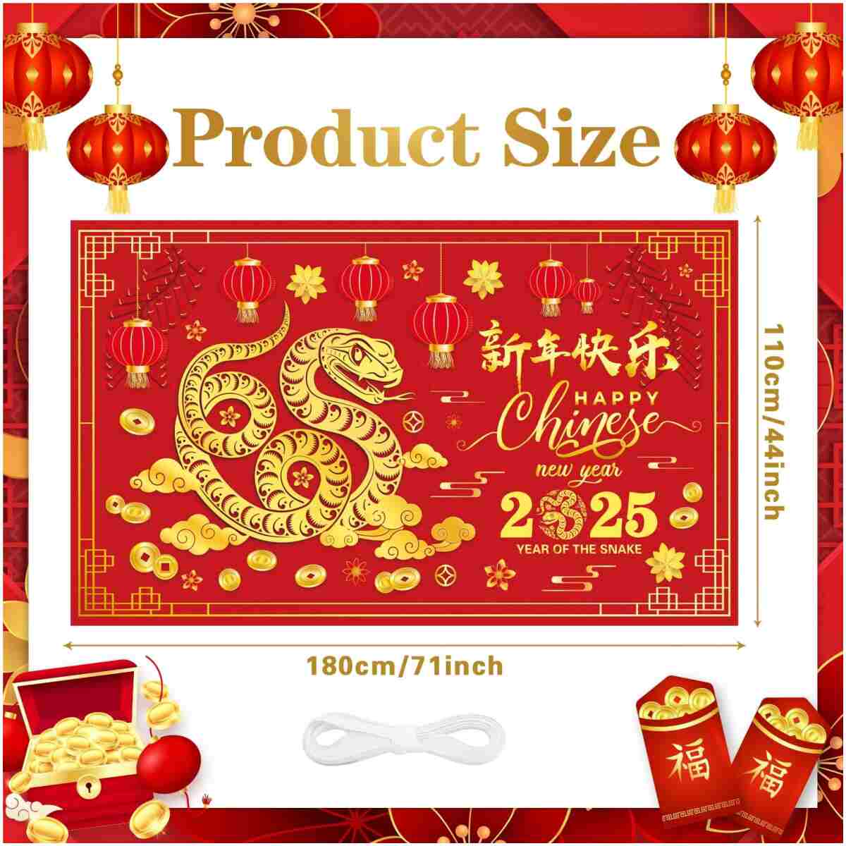 Chinese New Year Banner Backdrop Decorations 2025, Lunar New Year Backdrop Decorations 2025, Snake Chinese New Year Banner for Spring Festival Decorations 2025