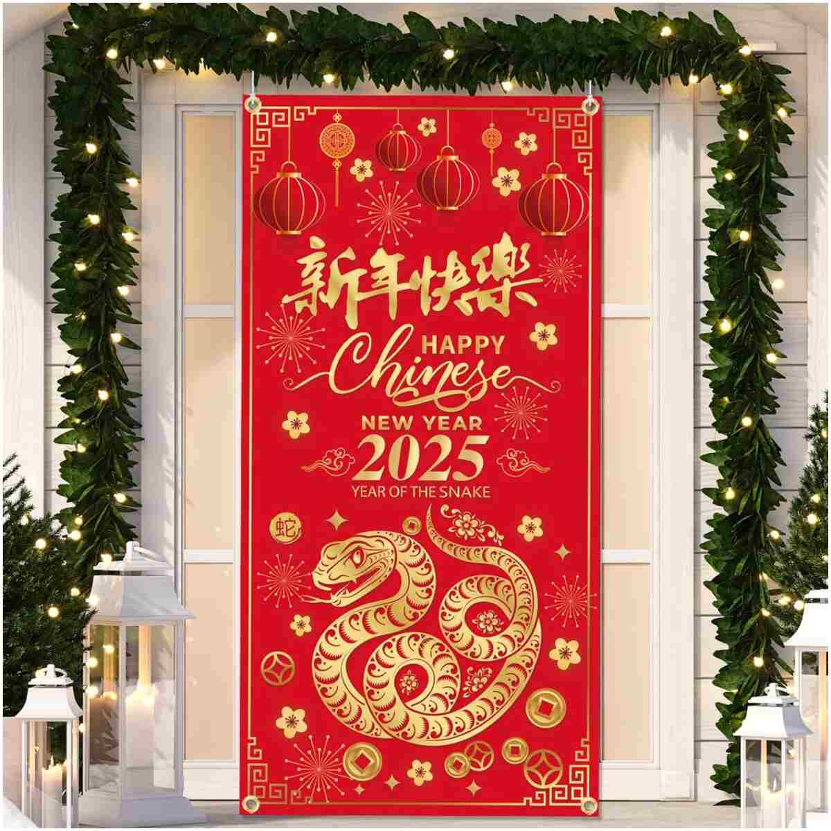 Chinese New Year Decoration 2025 Happy New Year Door Cover of The Snake 2025 Hanging Door Banner for Chinese New Year Door Decoration, New Year Eve Party Supplies