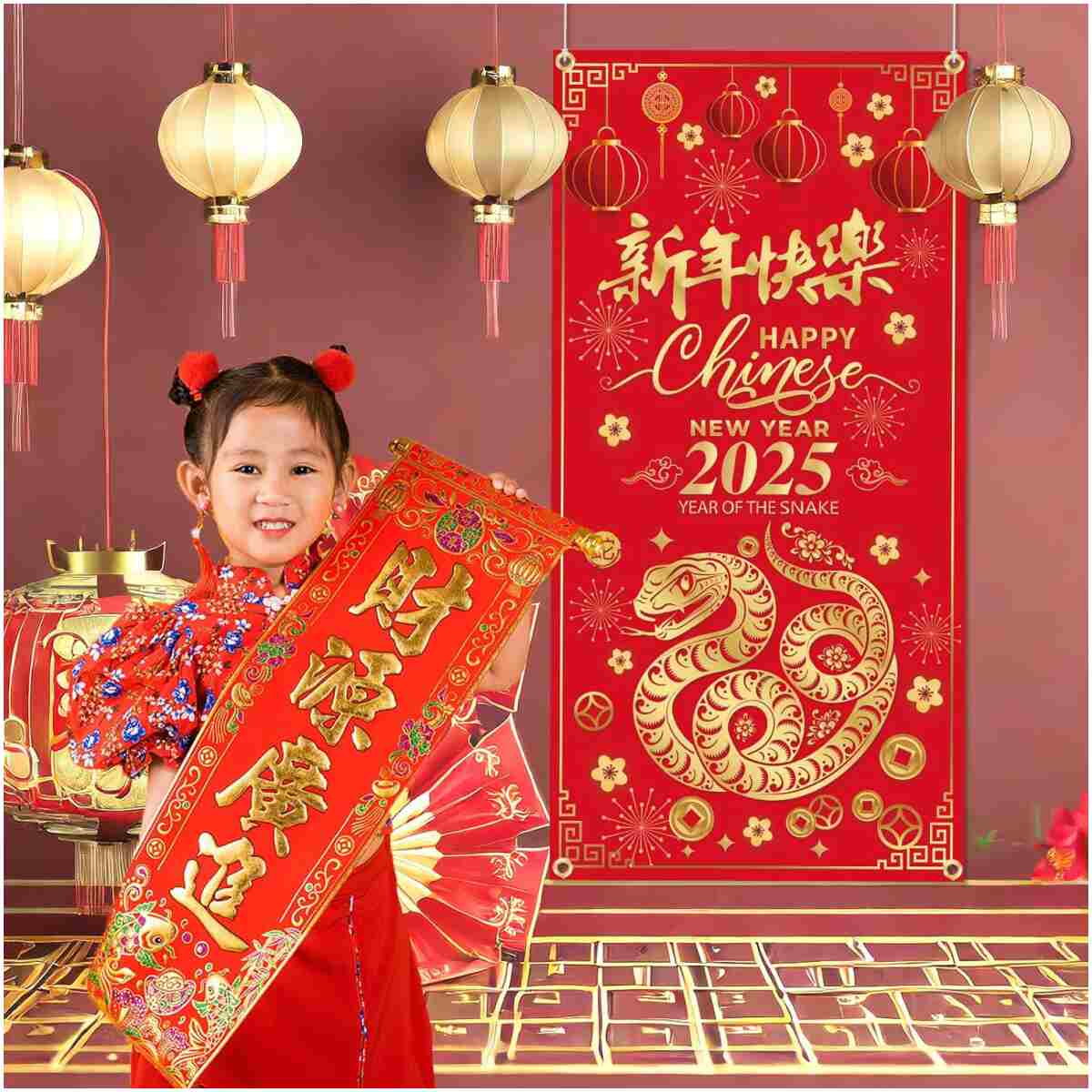 Chinese New Year Decoration 2025 Happy New Year Door Cover of The Snake 2025 Hanging Door Banner for Chinese New Year Door Decoration, New Year Eve Party Supplies