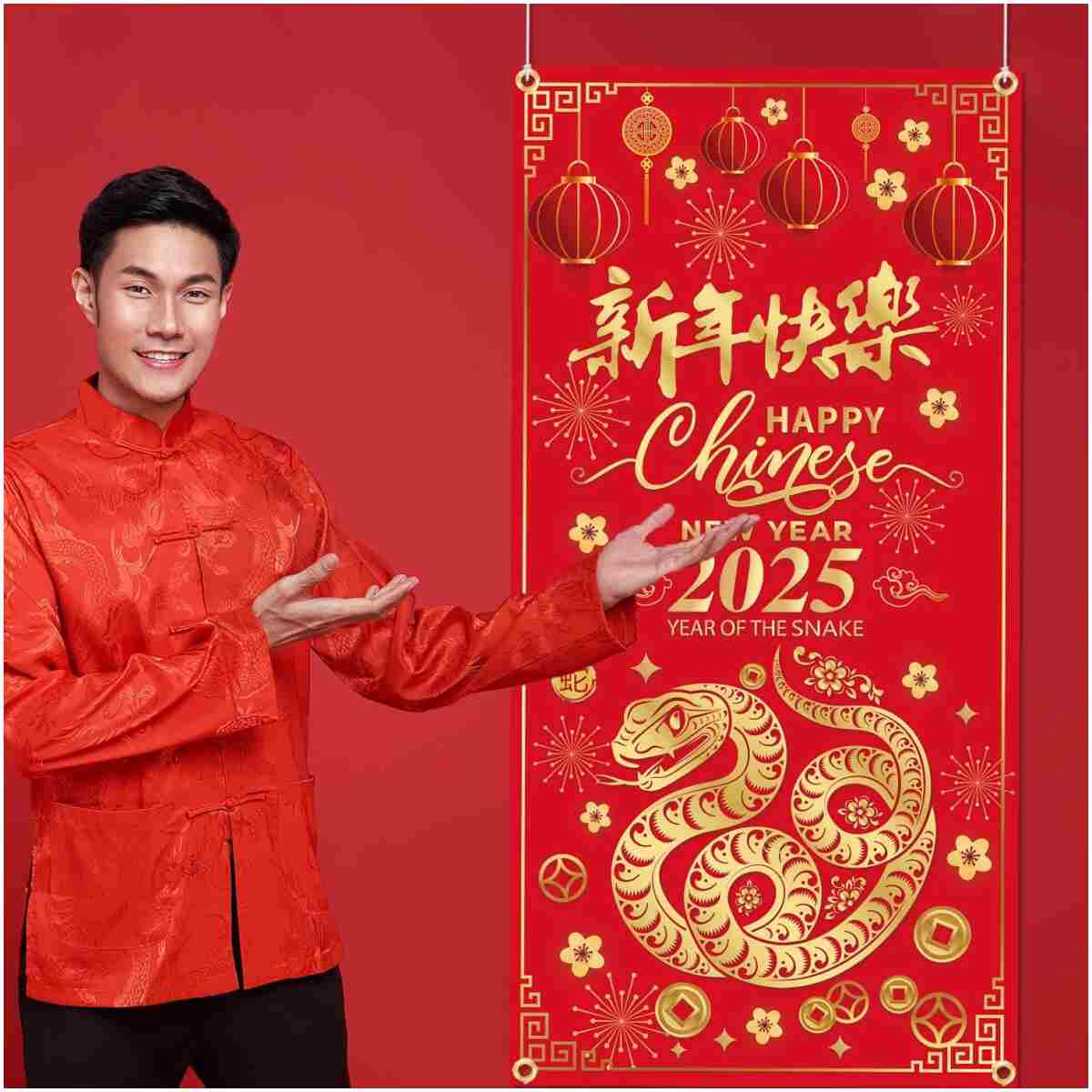 Chinese New Year Decoration 2025 Happy New Year Door Cover of The Snake 2025 Hanging Door Banner for Chinese New Year Door Decoration, New Year Eve Party Supplies